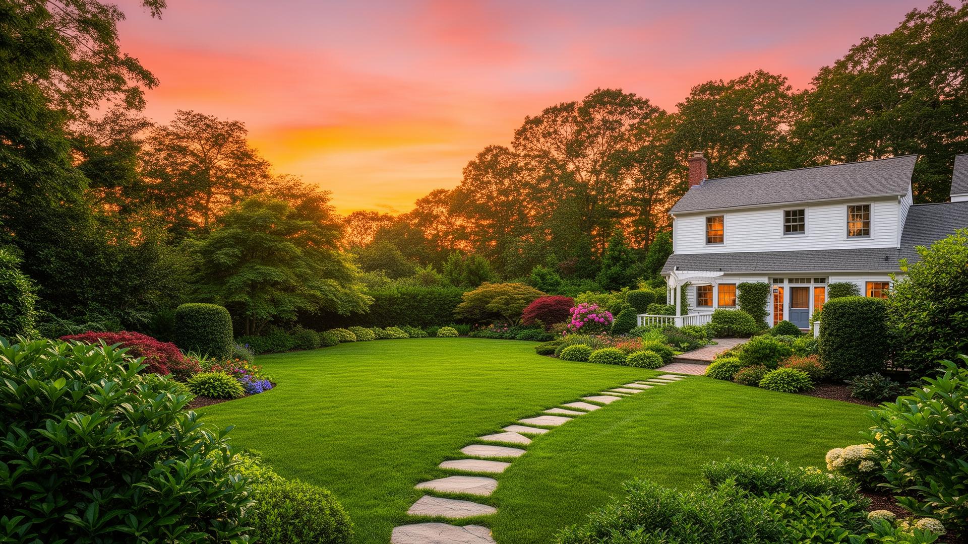 Beautifully landscaped New England property at sunset